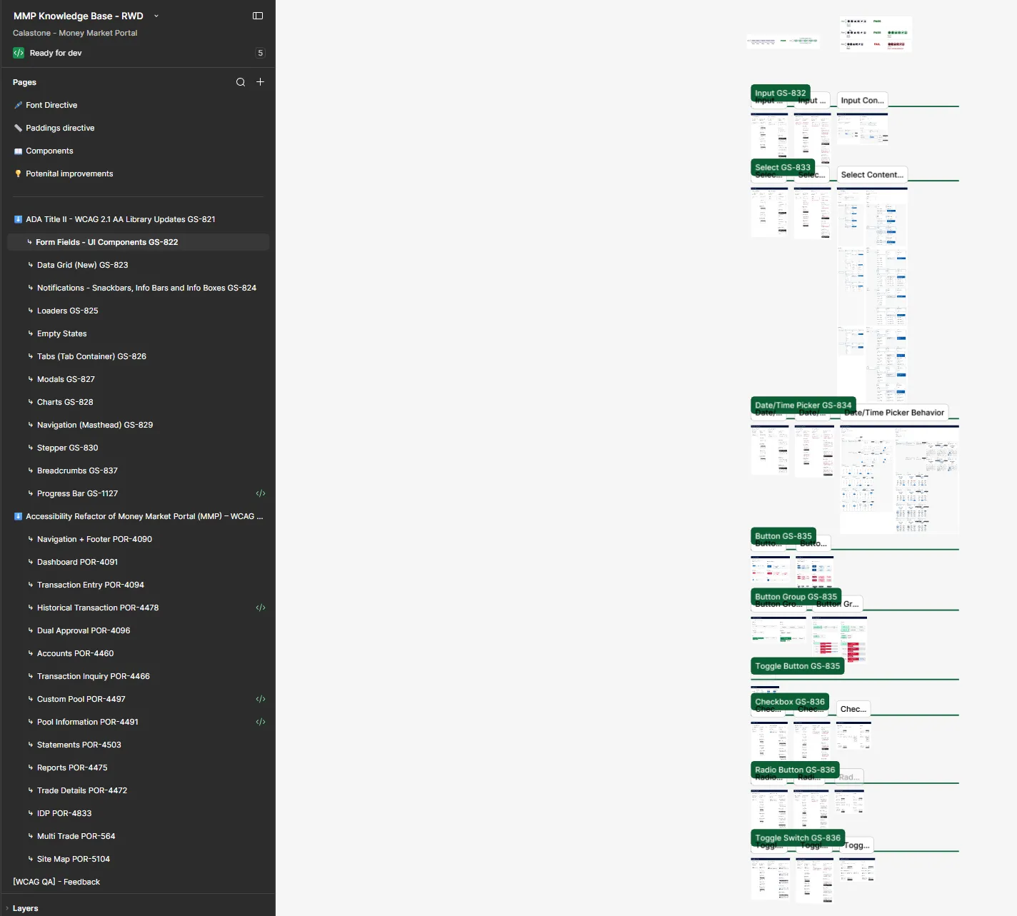Figma file for the design system: a page per component for the WCAG 2.1 AA library updates, and a page per screen for the Money Market Services accessibility refactor.