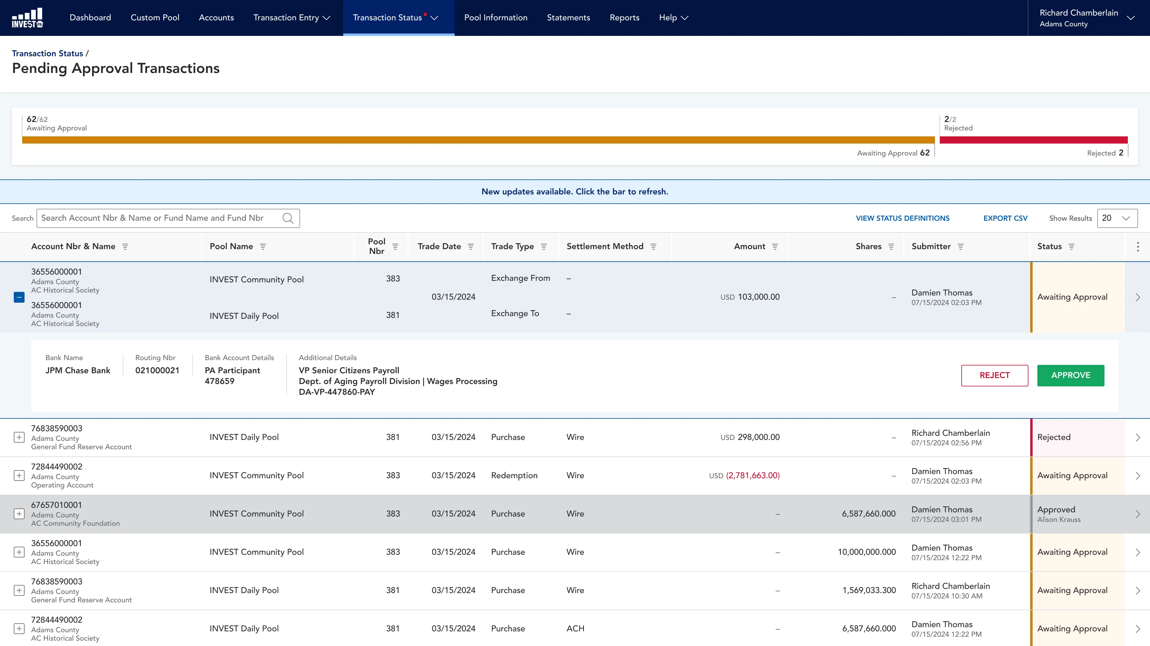 Pending approval transactions: an expanded exchange request with bank details and Reject and Approve buttons, above other transactions awaiting approval.