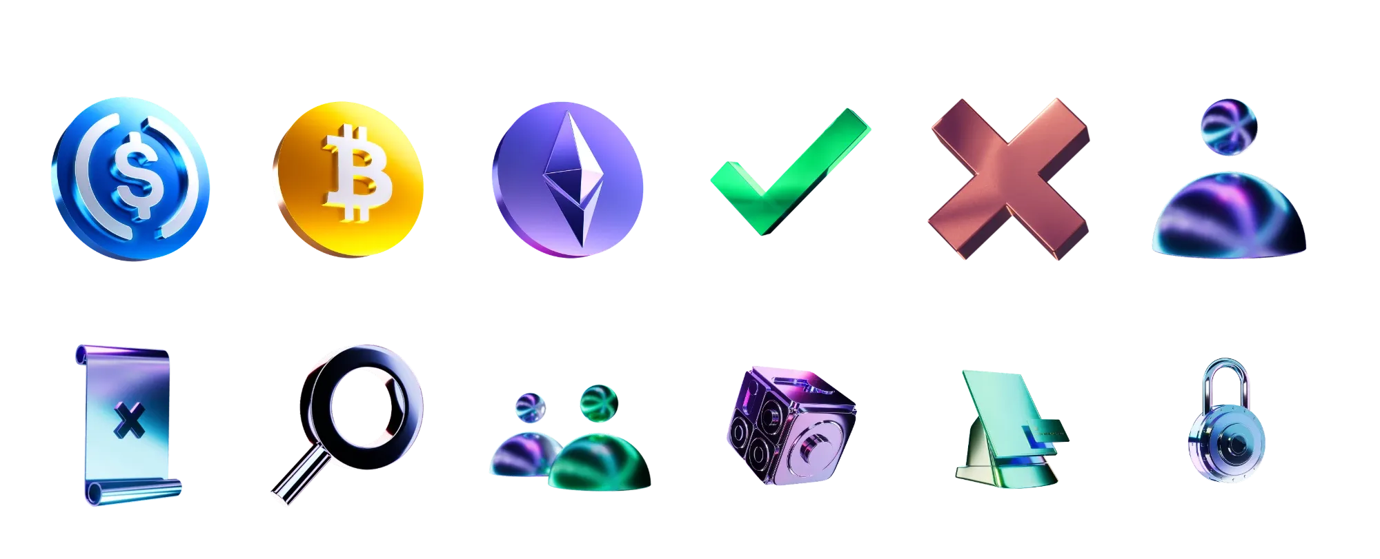 Twelve iridescent 3D icons from the Juicyway imagery set, including stablecoin, bitcoin and ether coins, a tick, a cross, people, a magnifier, a safe and a padlock.