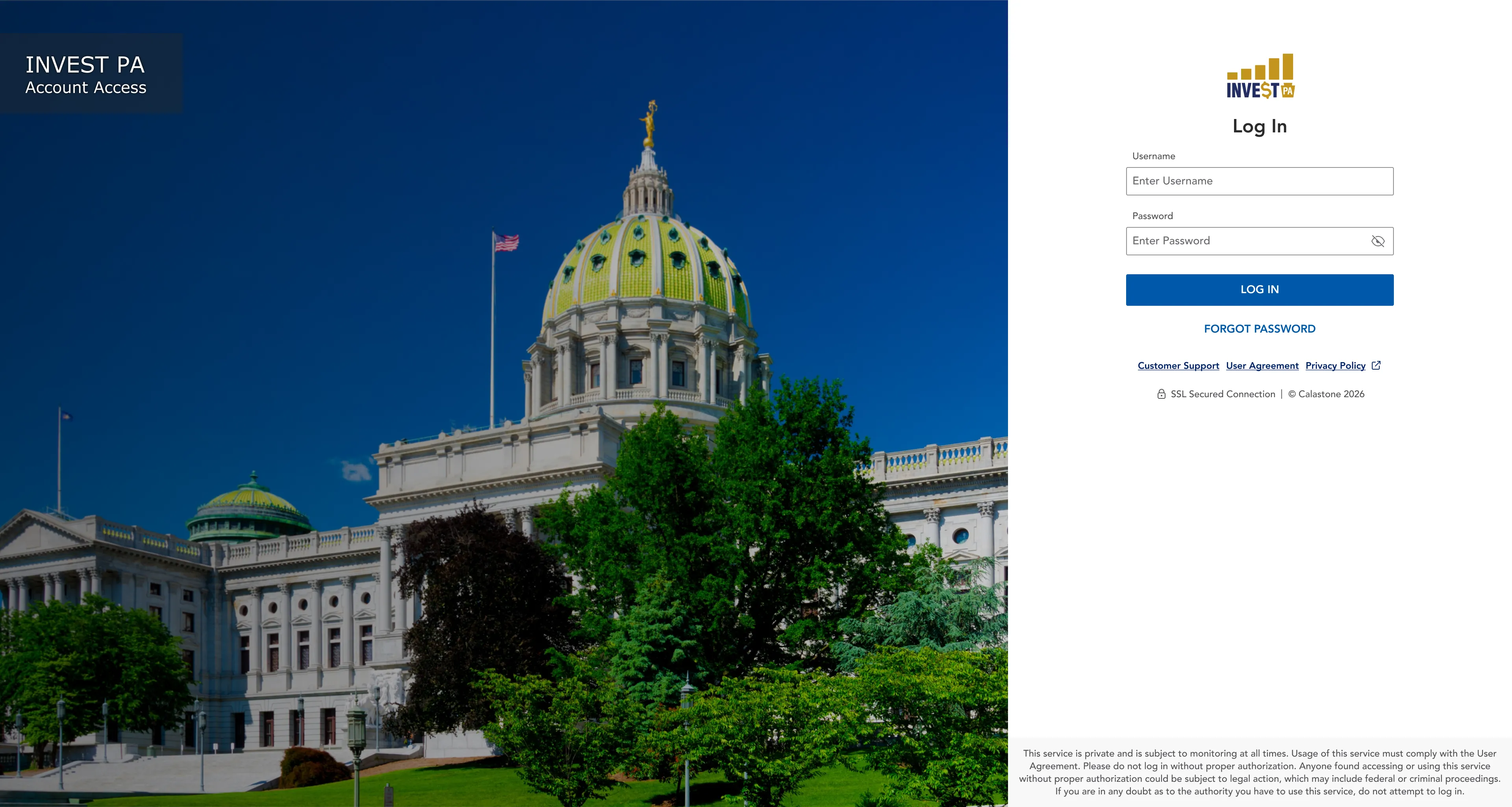 INVEST PA login screen: a photo of the Pennsylvania State Capitol beside the username and password form.