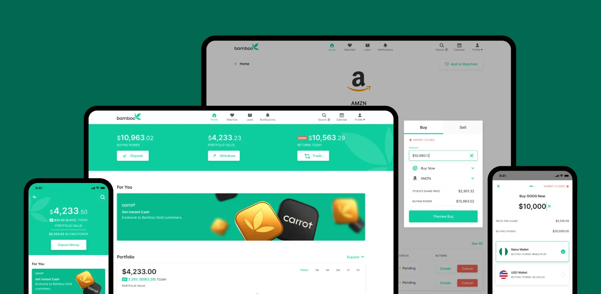 The Bamboo app on web and mobile: portfolio dashboard with buying power and returns, a stock page for Amazon, and buying a stock from a naira or dollar wallet.