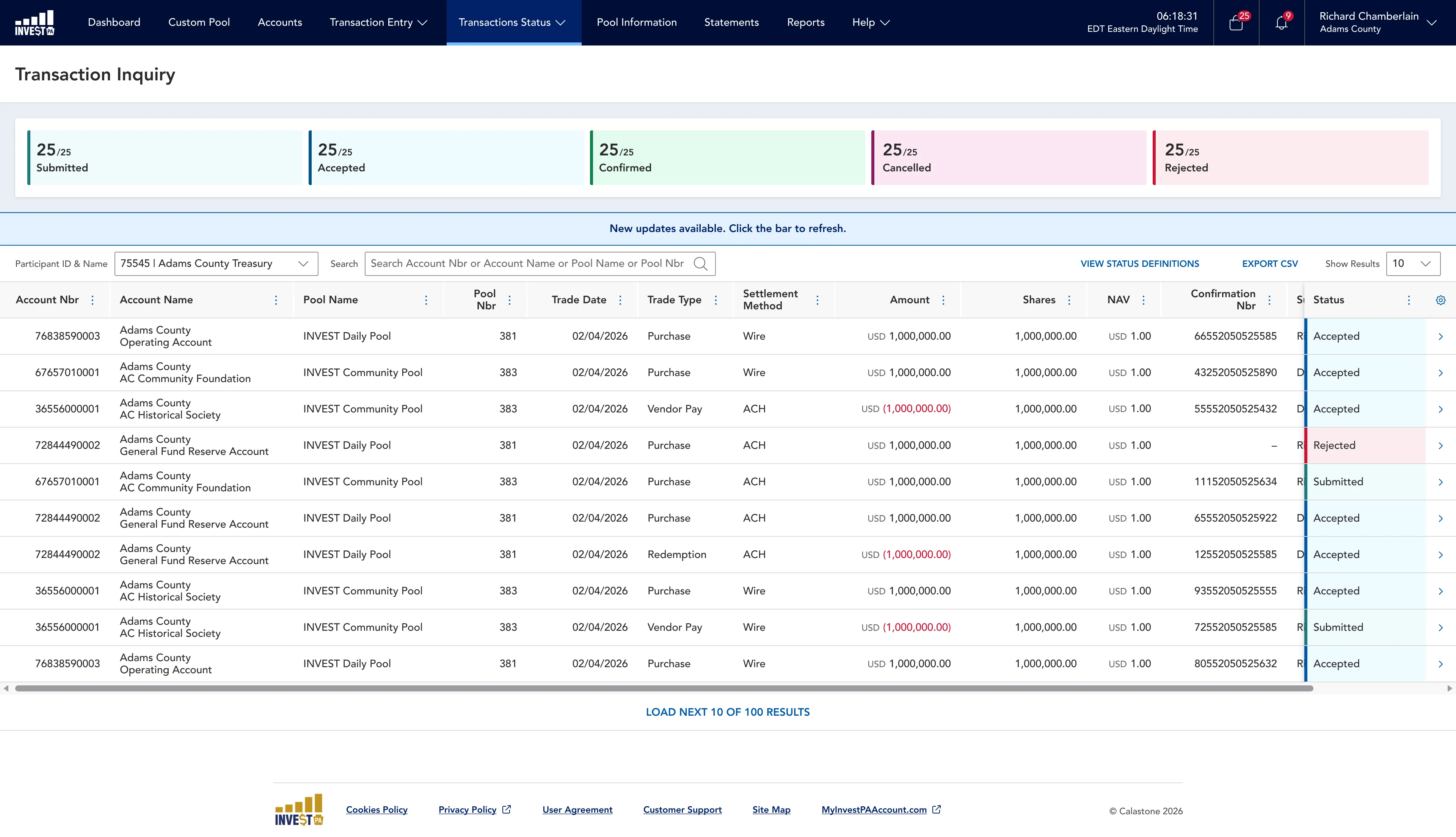 Money Market Services transaction inquiry for a public-sector client: status totals above a table of purchases, redemptions and vendor payments.