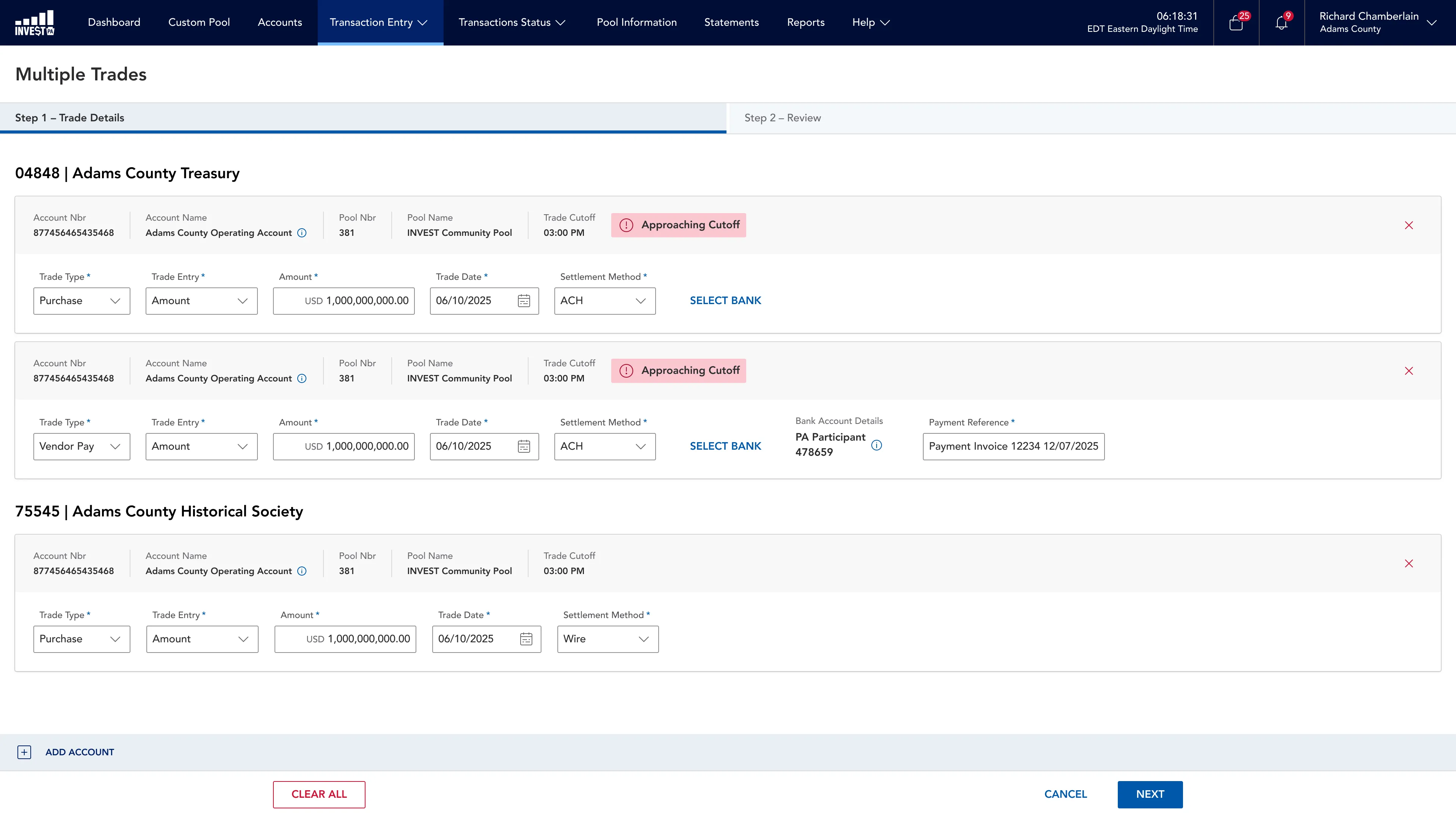 Multiple Trades entry: several trades across two participant accounts, each with trade type, amount, date and settlement method, and approaching cutoff warnings.