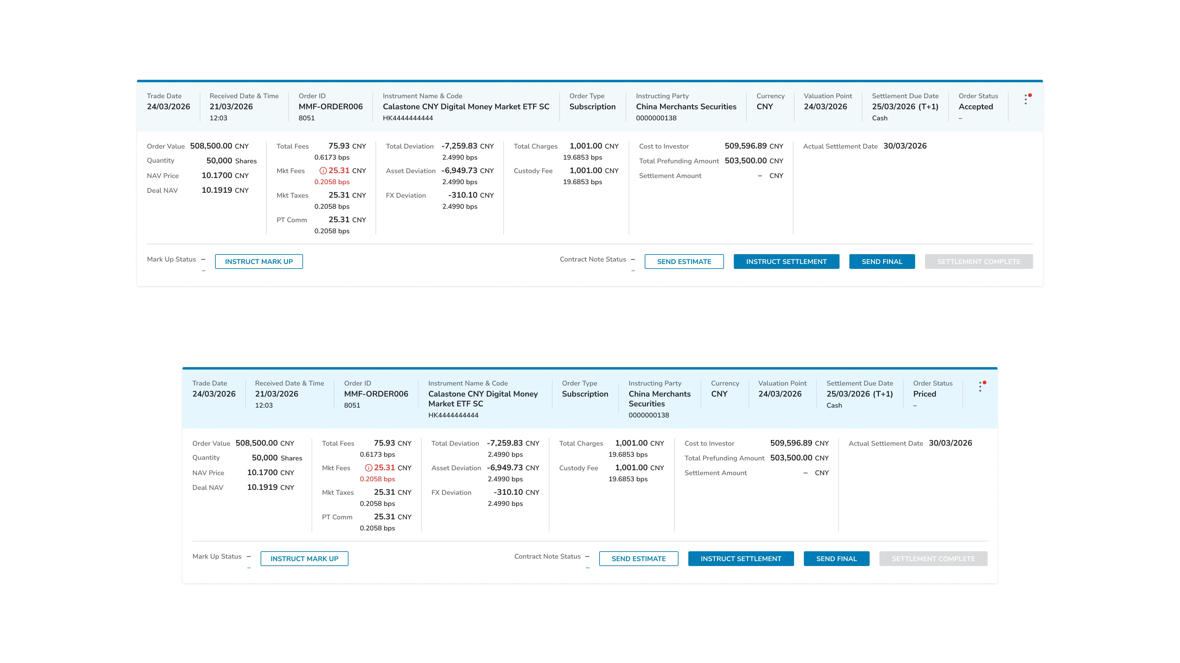 The order detail summary in two states, Accepted and Priced, with the same fees, deviations and settlement actions.