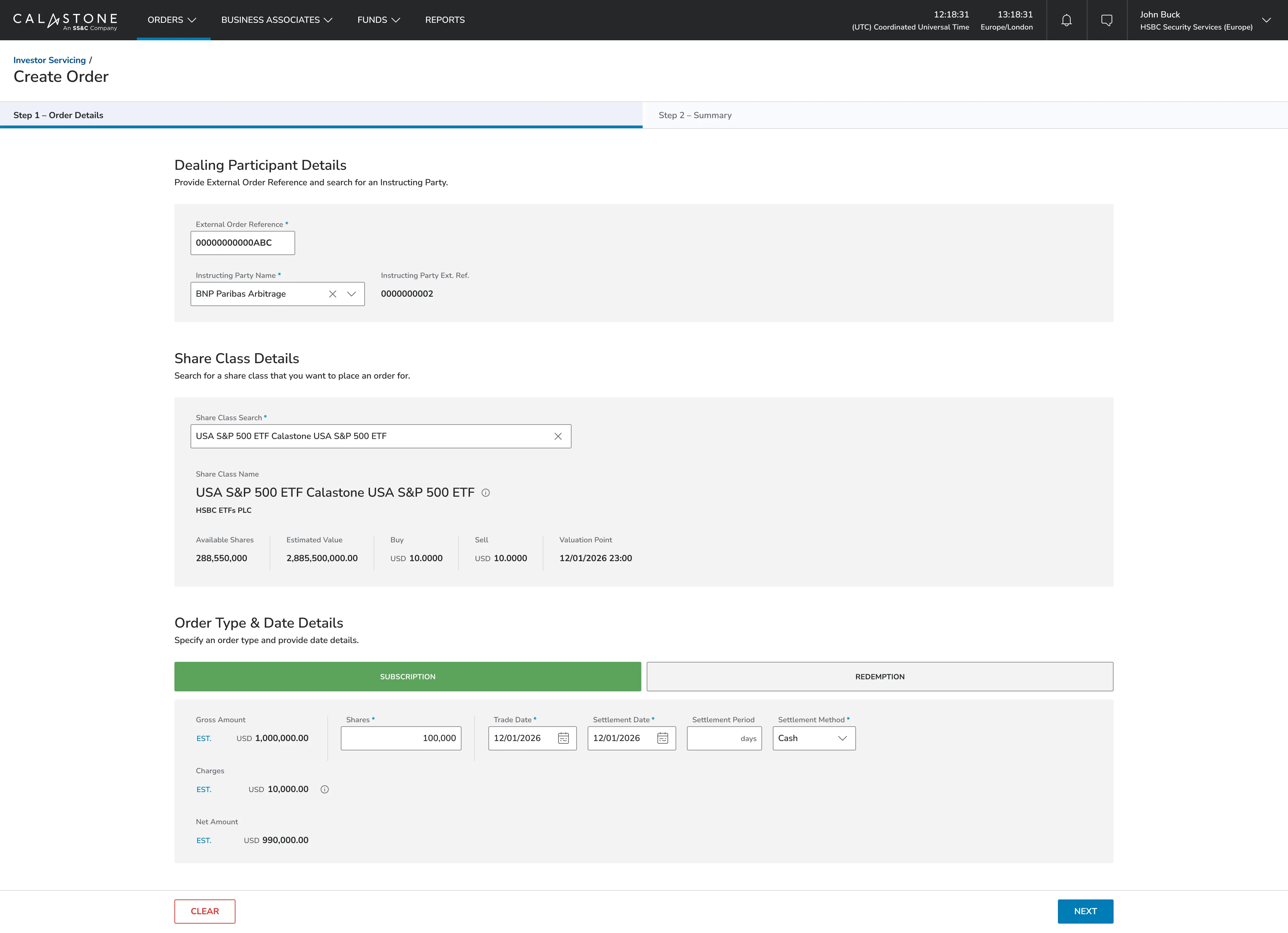 ETF Servicing Create Order form, step one: dealing participant, share class search, and subscription details with estimated amounts.