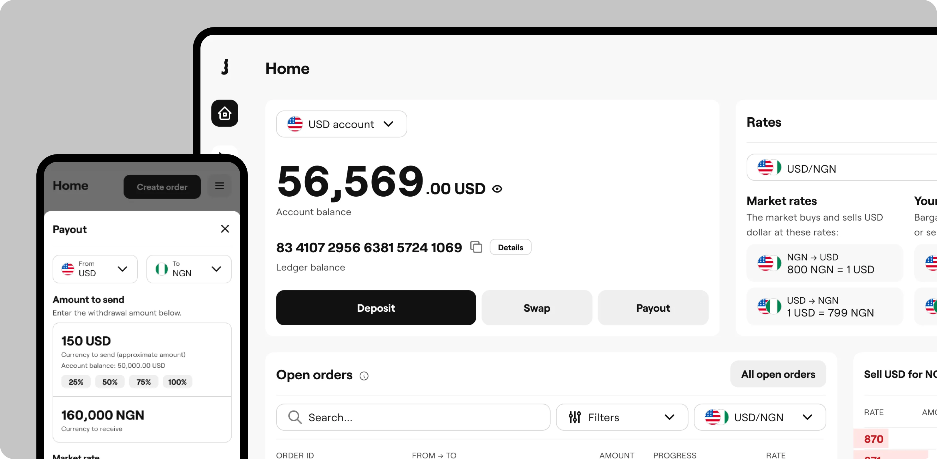 Juicyway dashboard on web and mobile: USD account balance with deposit, swap and payout actions, market rates, open orders, and a payout from USD to NGN.