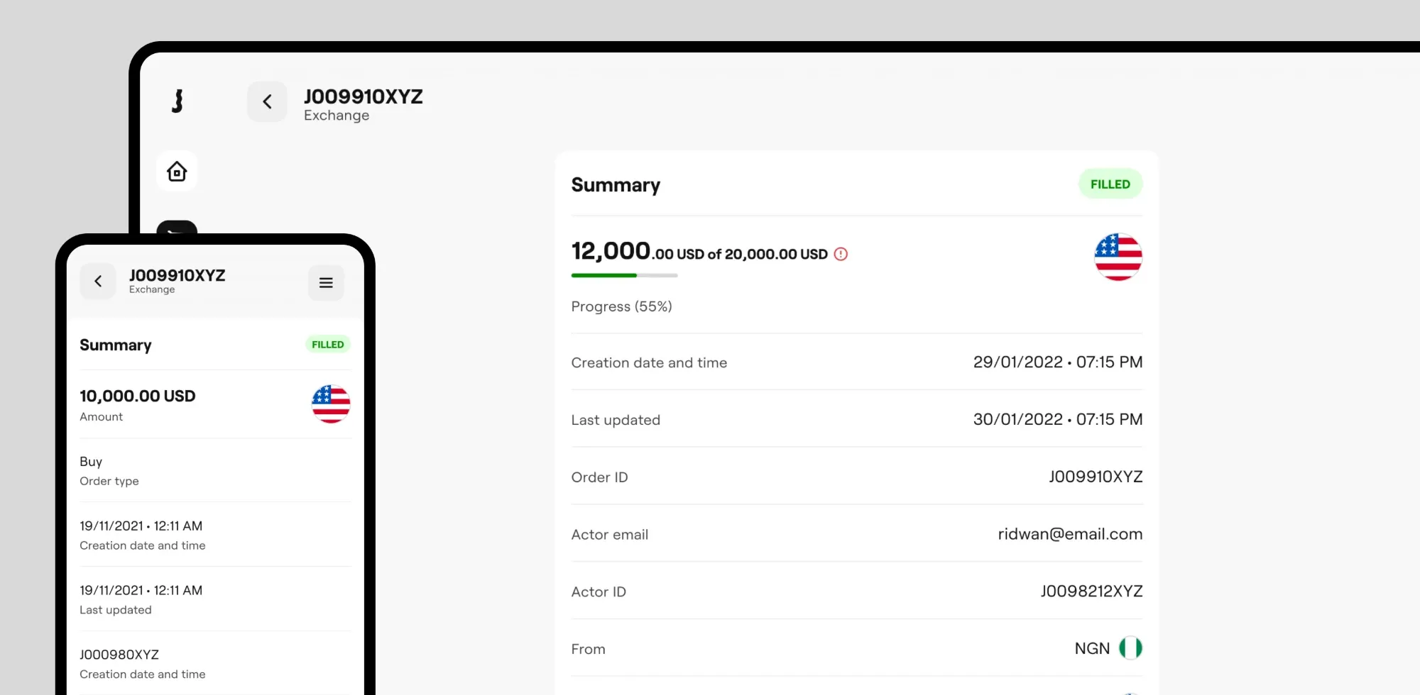 Summary of a filled currency exchange order on web and mobile: amount, progress, dates, and order and actor IDs.